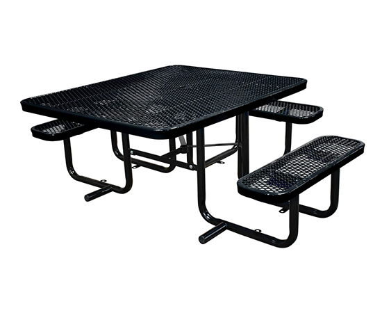 Black expanded metal picnic table with pre-drilled surface mount frame for secure installation in parks, schools, and public spaces